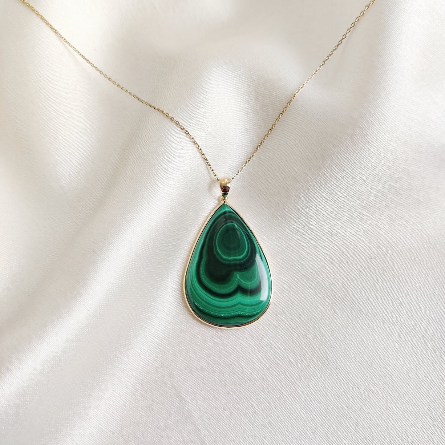 Natural Malachite Pendant, 14K Solid Yellow Gold Pendant, May Birthstone Pendant, Pear Bezel Pendant, Malachite Jewelry