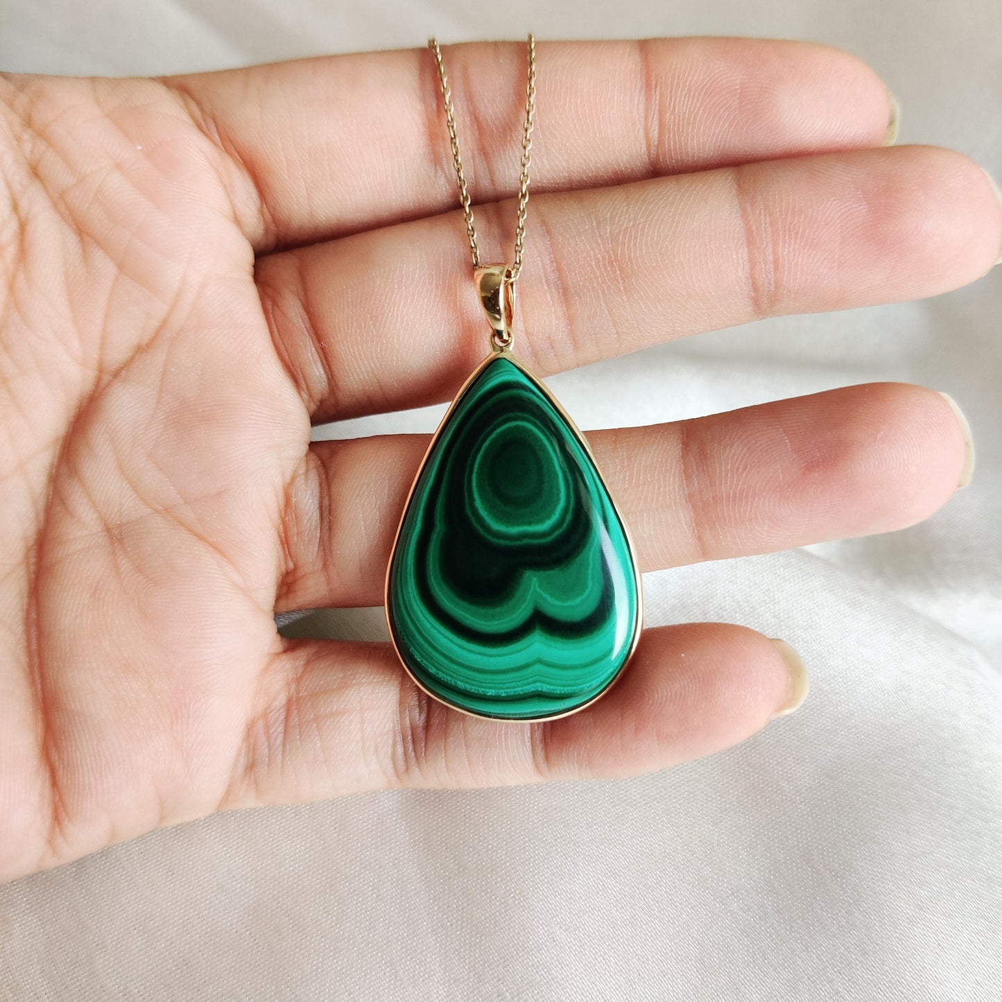 Natural Malachite Pendant, 14K Solid Yellow Gold Pendant, May Birthstone Pendant, Pear Bezel Pendant, Malachite Jewelry