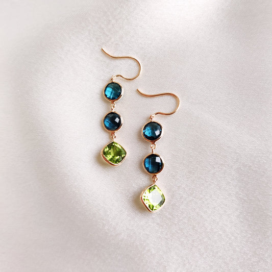 Natural London Blue Topaz & Peridot Earrings, 14K Solid Gold Blue Topaz Earrings, Multi Stone Danglers, Peridot Jewelry, Christmas Present