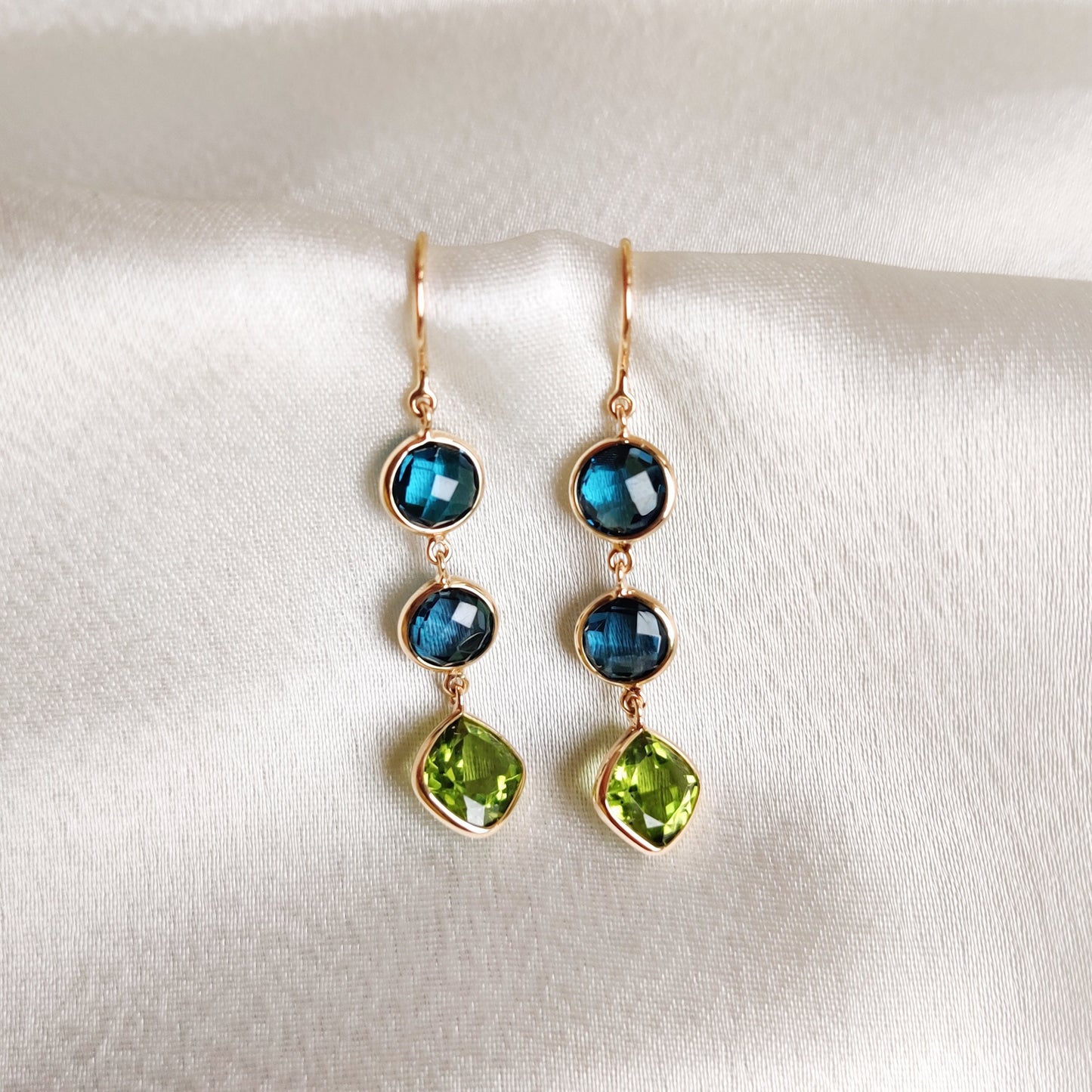 Natural London Blue Topaz & Peridot Earrings, 14K Solid Gold Blue Topaz Earrings, Multi Stone Danglers, Peridot Jewelry, Christmas Present