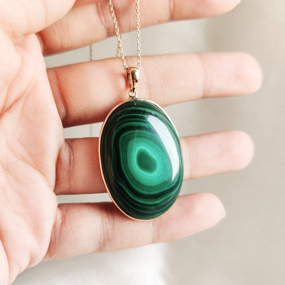 Natural Malachite Pendant, 14K Solid Yellow Gold Pendant, May Birthstone Pendant, Oval Bezel Pendant, Malachite Jewelry