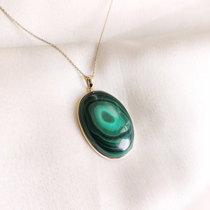 Natural Malachite Pendant, 14K Solid Yellow Gold Pendant, May Birthstone Pendant, Oval Bezel Pendant, Malachite Jewelry