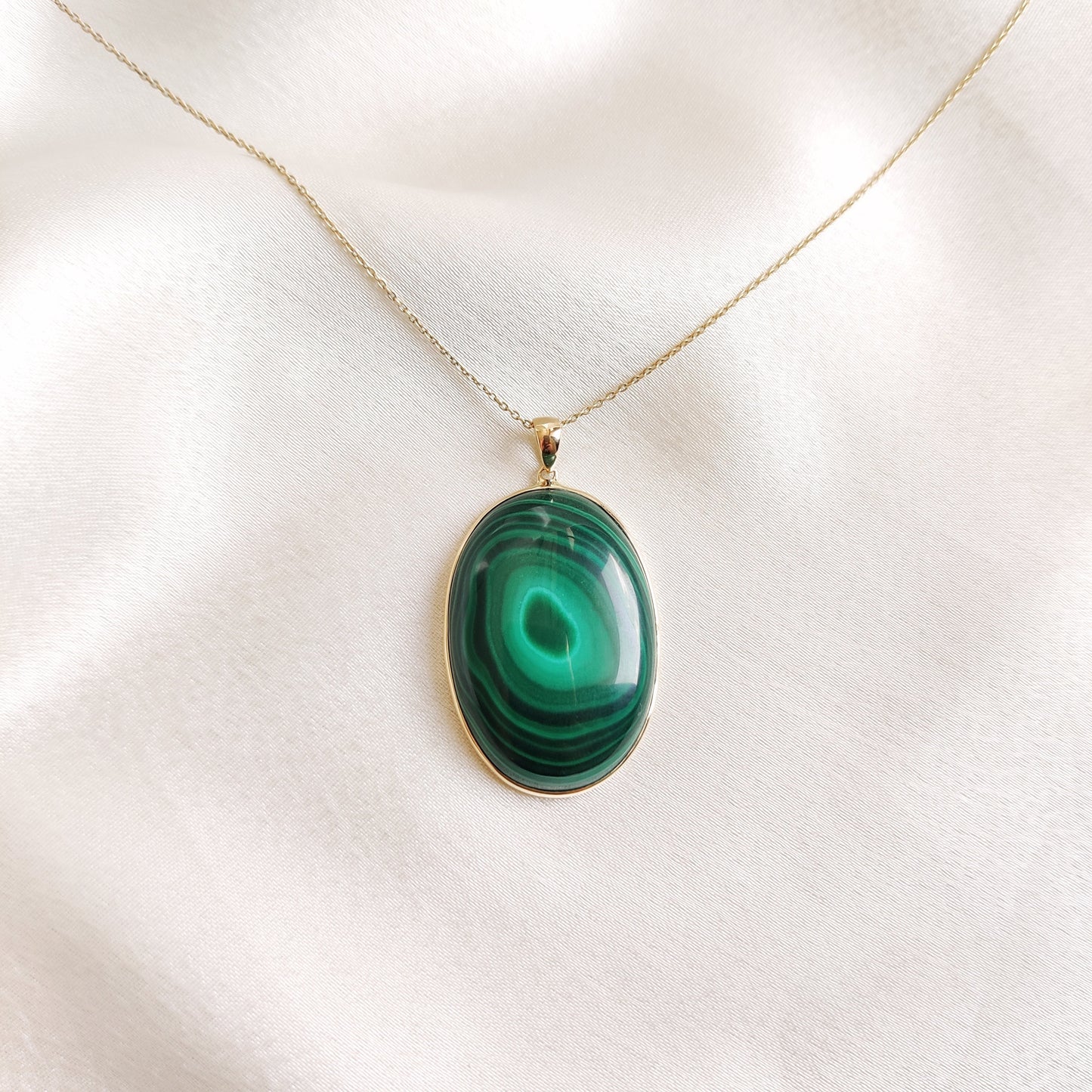 Natural Malachite Pendant, 14K Solid Yellow Gold Pendant, May Birthstone Pendant, Oval Bezel Pendant, Malachite Jewelry