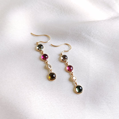 Natural Multi Tourmaline & Diamond Earrings, 14K Solid Gold Tourmaline Earrings, October Birthstone Earrings, Christmas Present