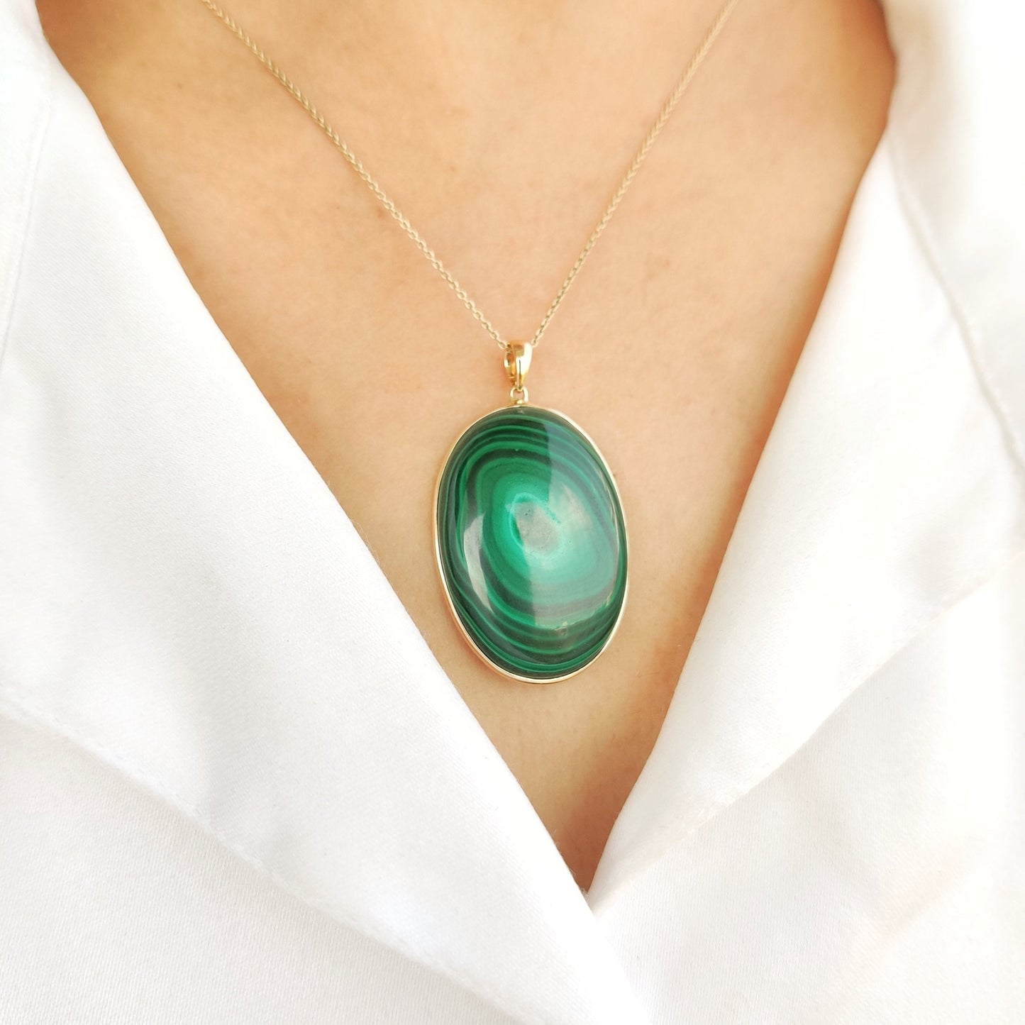 Natural Malachite Pendant, 14K Solid Yellow Gold Pendant, May Birthstone Pendant, Oval Bezel Pendant, Malachite Jewelry