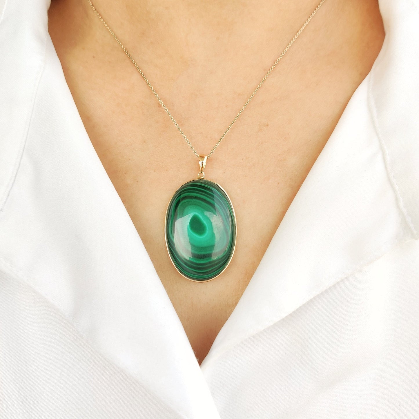 Natural Malachite Pendant, 14K Solid Yellow Gold Pendant, May Birthstone Pendant, Oval Bezel Pendant, Malachite Jewelry