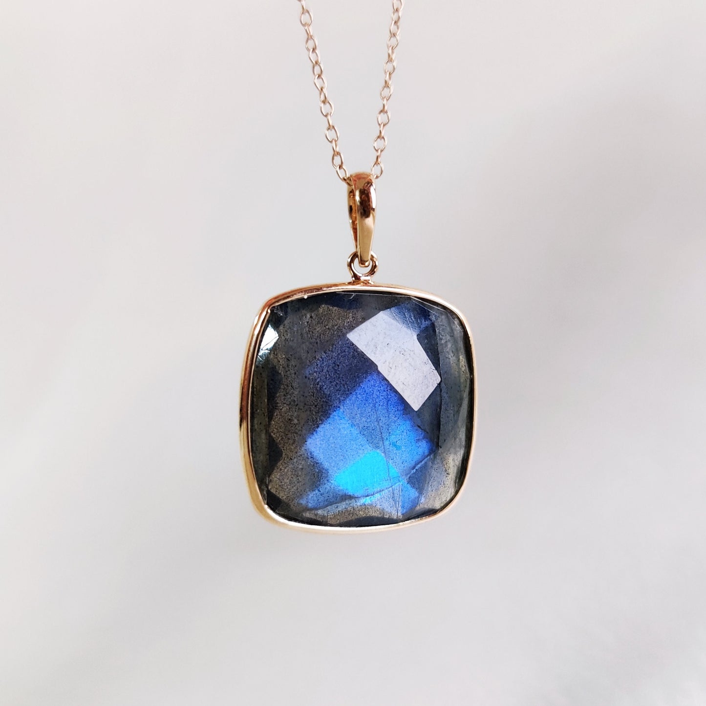 Natural Labradorite Pendant, 14K Solid Yellow Gold Pendant, August Birthstone Pendant, Labradorite Checker Cut Pendant, Christmas Present