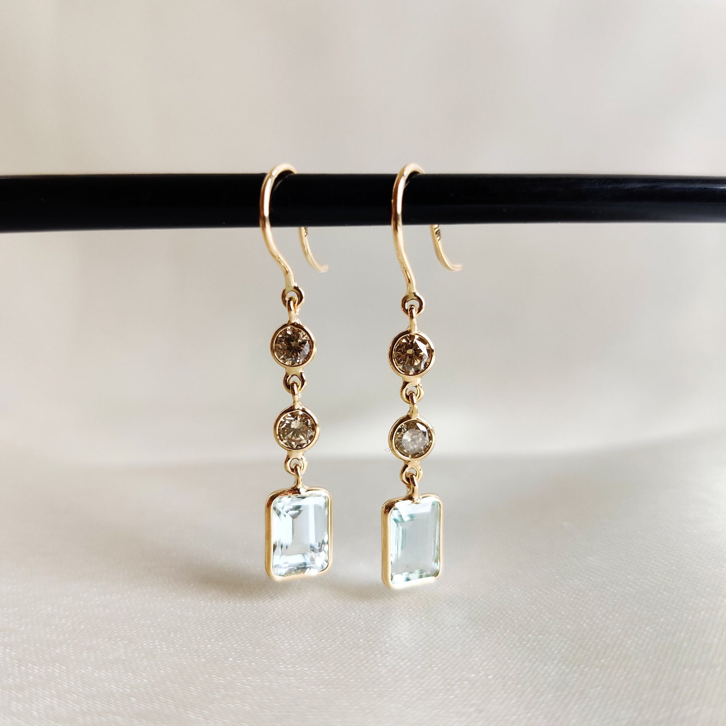 Natural Aquamarine & Diamond Earrings, 14K Solid Gold Bezel Earrings, Aquamarine and Diamond Danglers, March Birthstone, Christmas Present