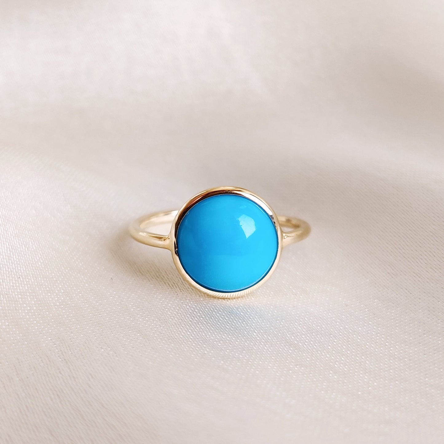 14K Gold Natural Turquoise Ring, Solid Gold Arizona Turquoise Ring, Round Turquoise Bezel Ring, Dainty Ring, December Birthstone Ring