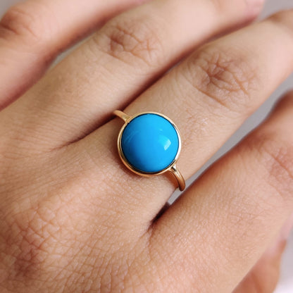 14K Gold Natural Turquoise Ring, Solid Gold Arizona Turquoise Ring, Round Turquoise Bezel Ring, Dainty Ring, December Birthstone Ring