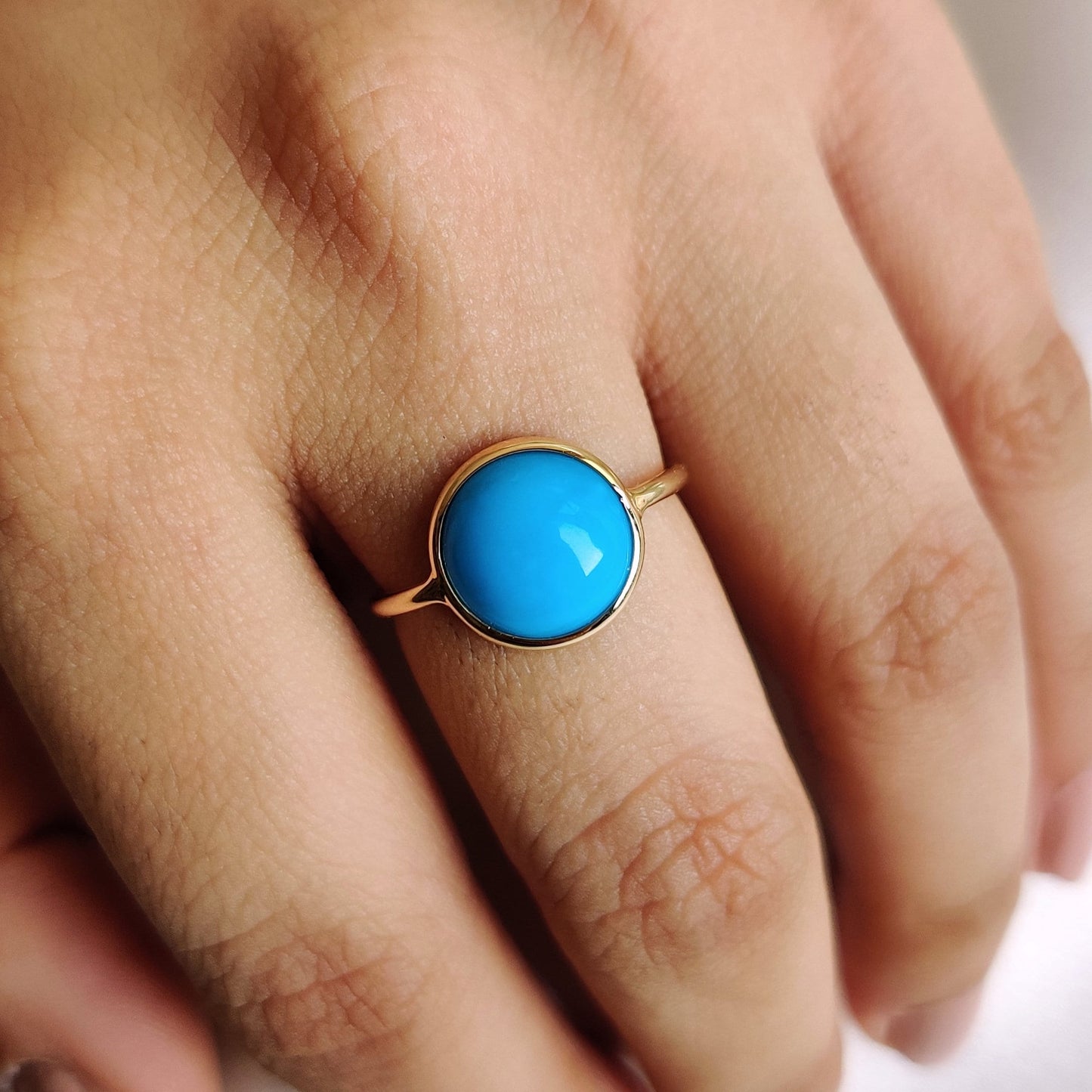 14K Gold Natural Turquoise Ring, Solid Gold Arizona Turquoise Ring, Round Turquoise Bezel Ring, Dainty Ring, December Birthstone Ring