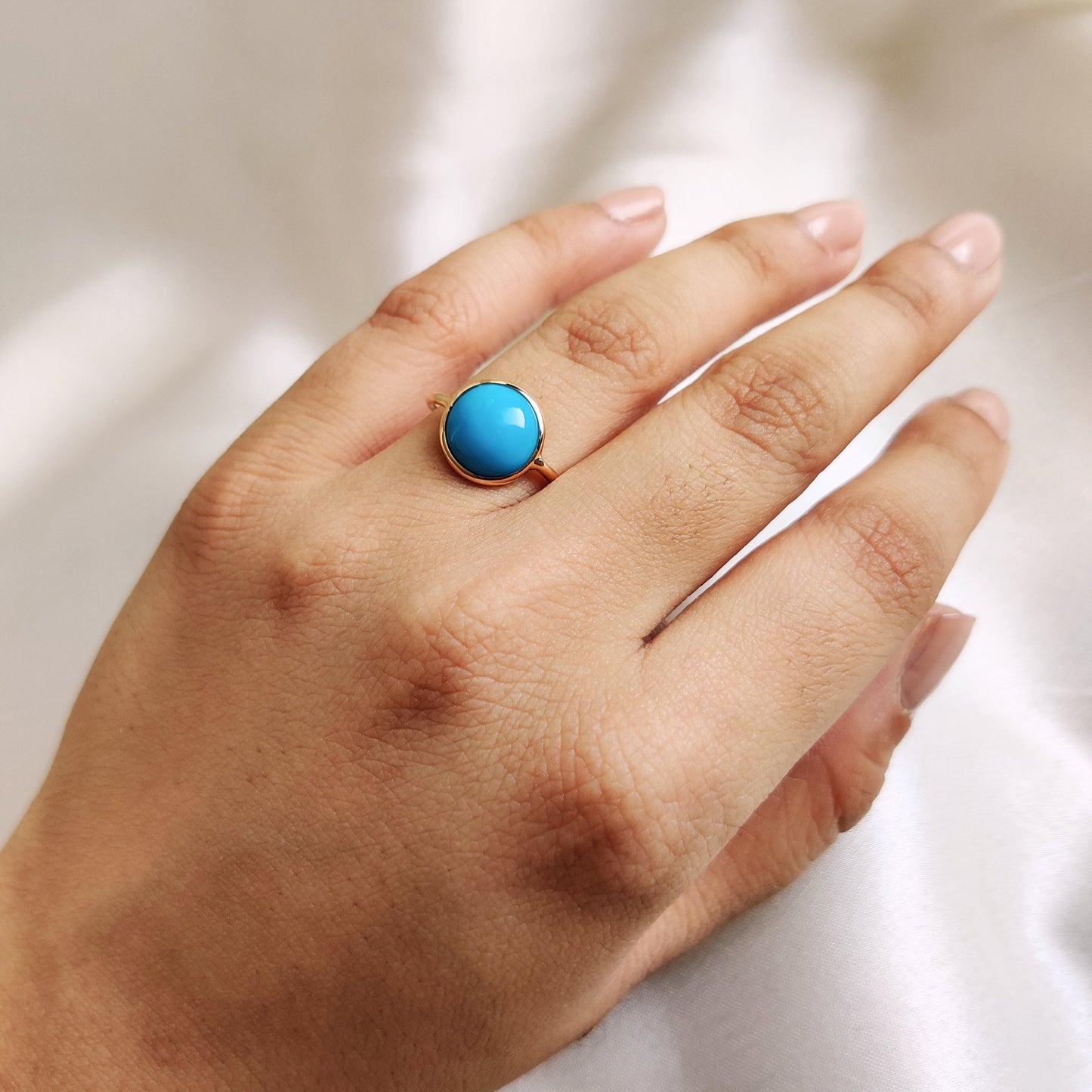 14K Gold Natural Turquoise Ring, Solid Gold Arizona Turquoise Ring, Round Turquoise Bezel Ring, Dainty Ring, December Birthstone Ring