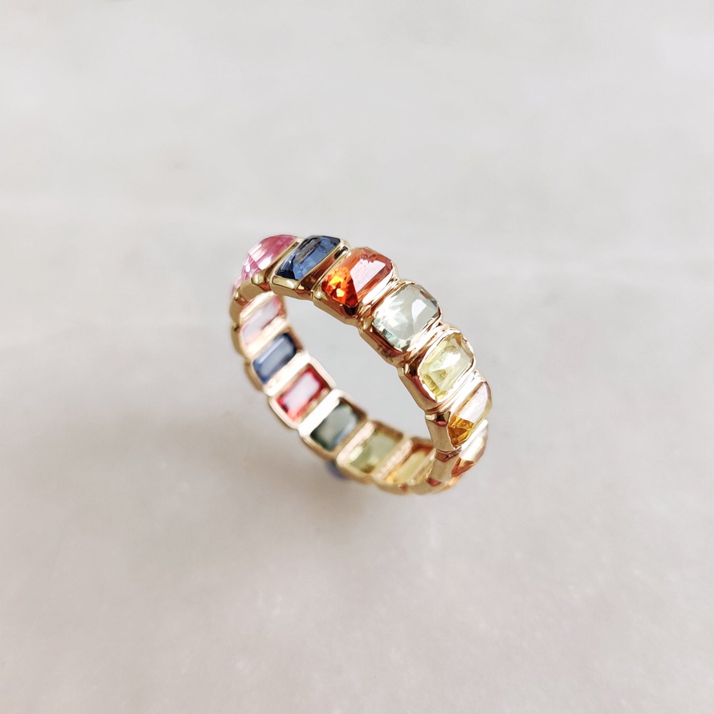 Natural Multi Sapphire Ring, 14K Solid Gold Sapphire Ring, Dainty Sapphire Bezel Ring, Sapphire Infinity Ring, September Birthstone Ring