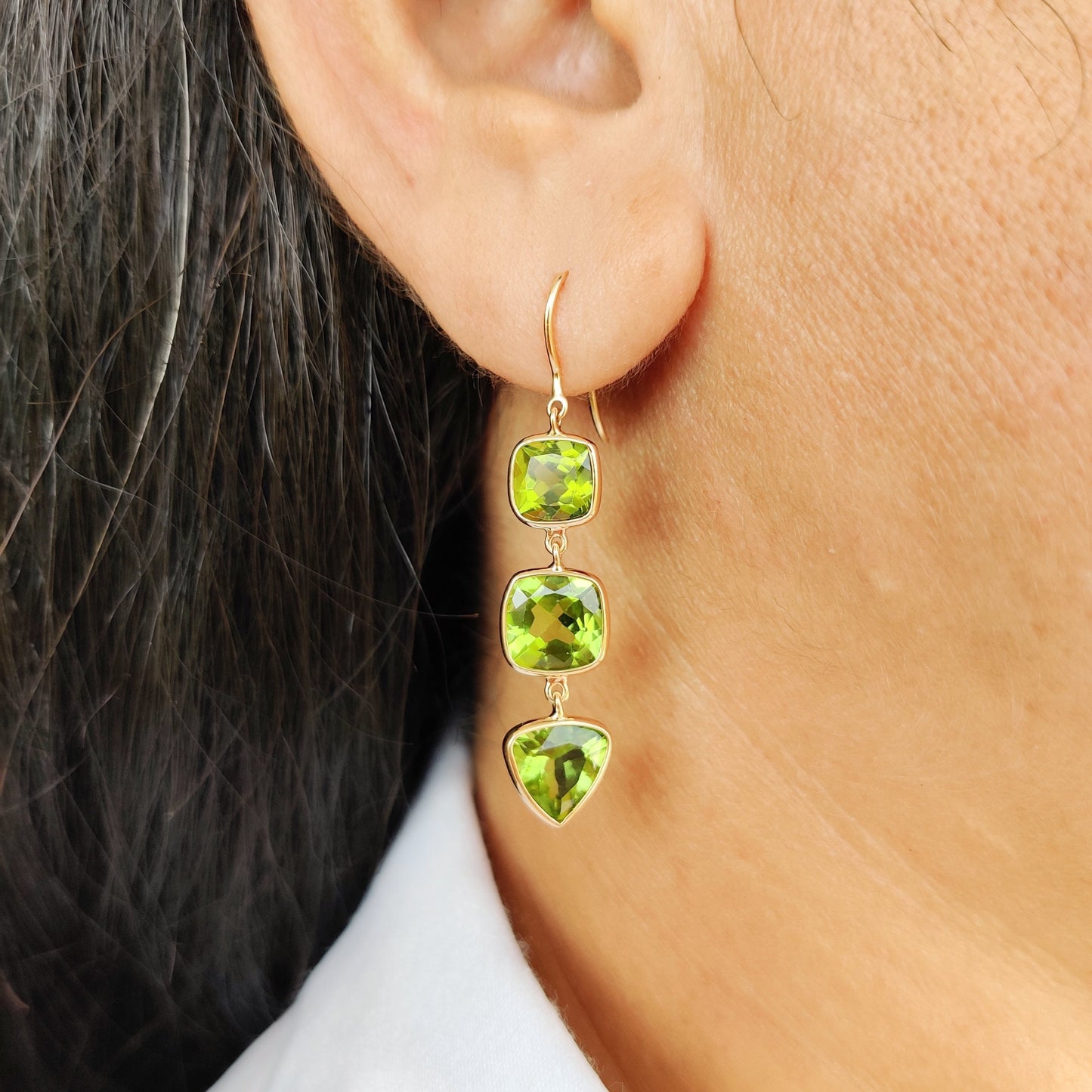 Natural Peridot Earrings, 14K Solid Gold Peridot Bezel Earrings, Peridot Danglers, August Birthstone, Christmas Present, Peridot Jewelry