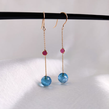 Natural Swiss Blue Topaz & Ruby Earrings, Solid Gold Topaz Drop Earrings, February and July Birthstone, Blue Topaz Jewelry, Birthday Present