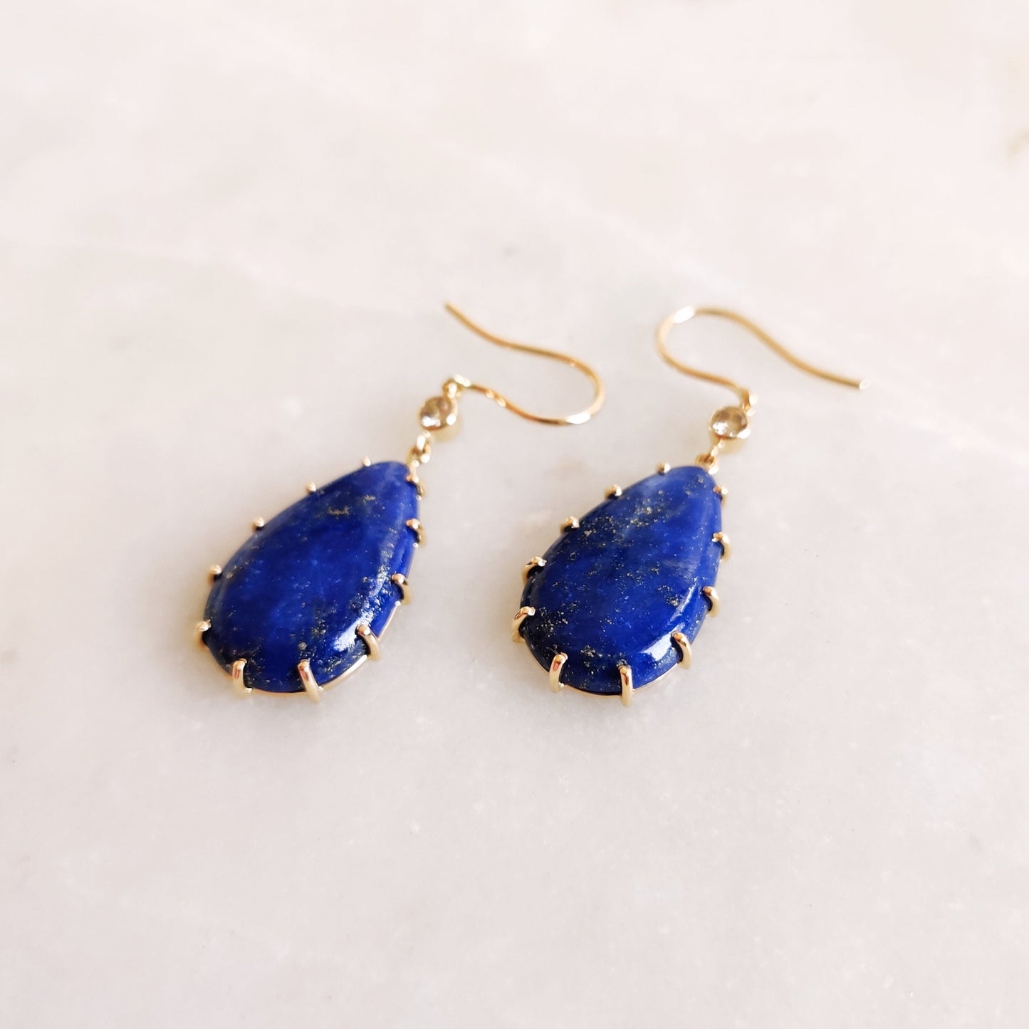 Natural Lapis Lazuli Earrings, 14K Solid Yellow Gold Earrings, Lapis & Diamond Drop Earrings, December and April Birthstone Earrings