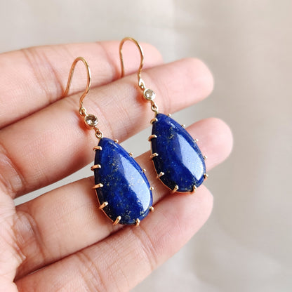 Natural Lapis Lazuli Earrings, 14K Solid Yellow Gold Earrings, Lapis & Diamond Drop Earrings, December and April Birthstone Earrings