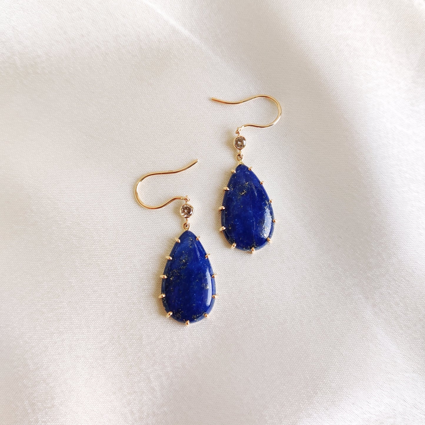 Natural Lapis Lazuli Earrings, 14K Solid Yellow Gold Earrings, Lapis & Diamond Drop Earrings, December and April Birthstone Earrings