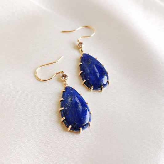 Natural Lapis Lazuli Earrings, 14K Solid Yellow Gold Earrings, Lapis & Diamond Drop Earrings, December and April Birthstone Earrings