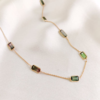 Natural Multi Tourmaline Necklace, 14K Solid Gold Tourmaline Necklace, Dainty Tourmaline Chain Necklace, October Birthstone Necklace