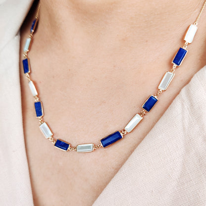 Natural Mother of Pearl & Lapis Lazuli Necklace, 14K Solid Gold Chain Necklace, Multi Stone Necklace, June and September Birthstone Necklace