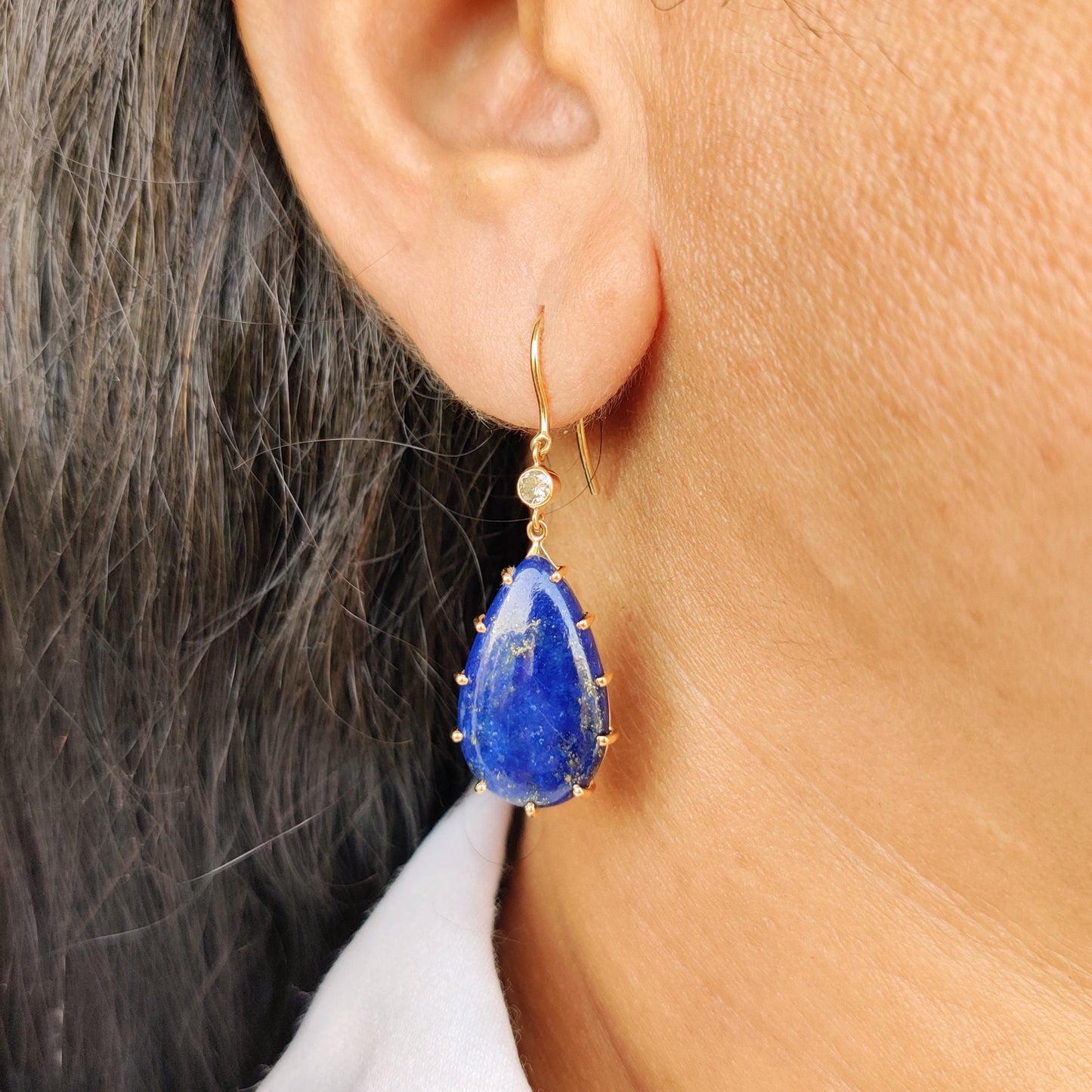 Natural Lapis Lazuli Earrings, 14K Solid Yellow Gold Earrings, Lapis & Diamond Drop Earrings, December and April Birthstone Earrings