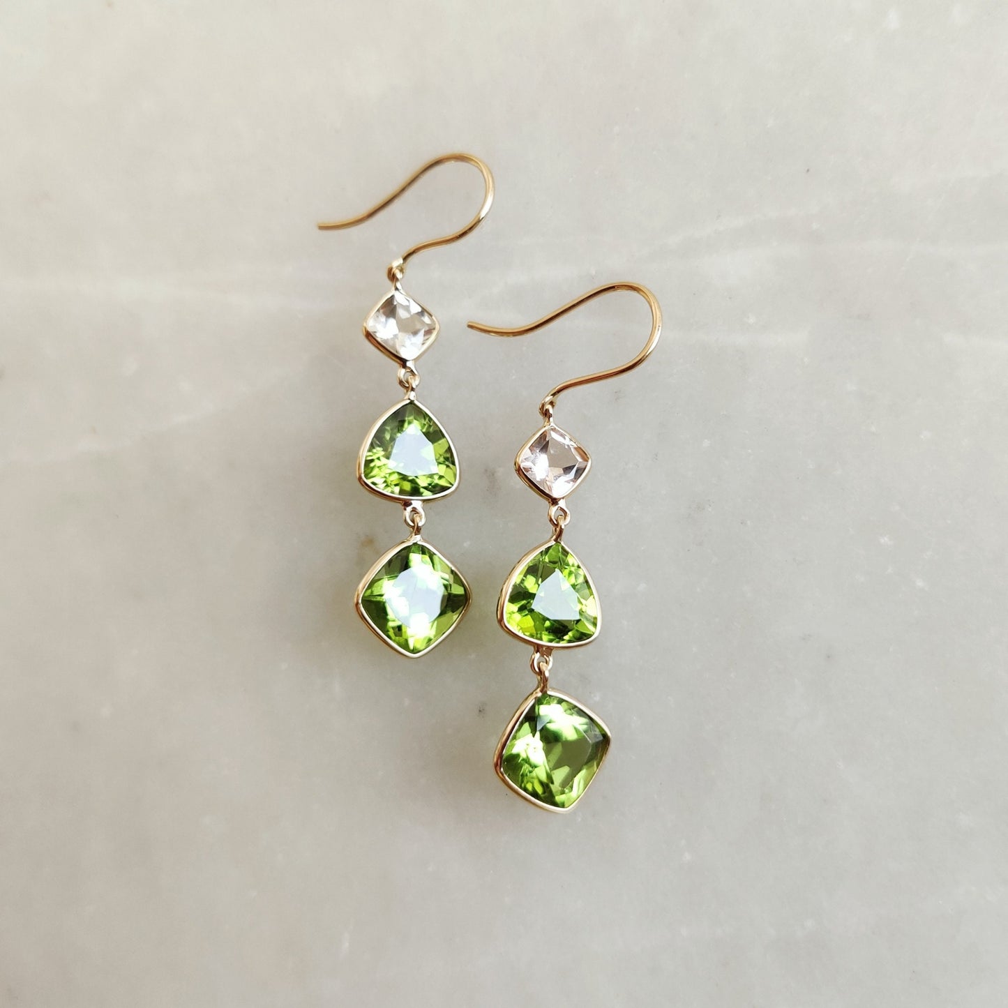 Natural Peridot & Morganite Earrings, 14K Solid Gold Bezel Earrings, Peridot Danglers, June and August Birthstone, Christmas Present