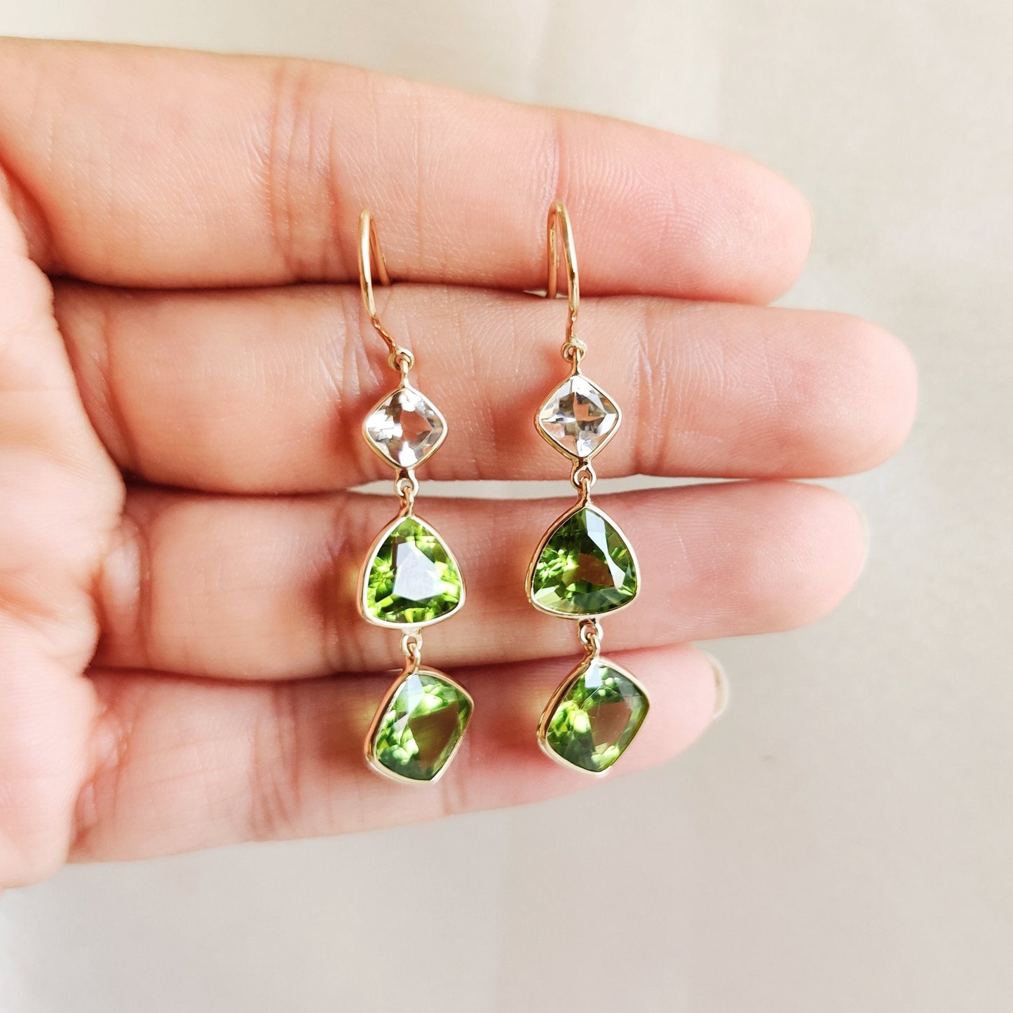 Natural Peridot & Morganite Earrings, 14K Solid Gold Bezel Earrings, Peridot Danglers, June and August Birthstone, Christmas Present