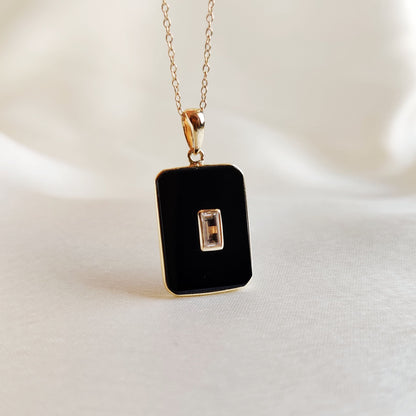 Natural Black Onyx & White Topaz Pendant, 14K Solid Yellow Gold Pendant, December Birthstone Pendant, Multi Stone Pendant, Birthday Present