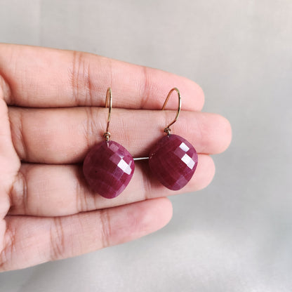 Natural Ruby Earrings, 14K Solid Yellow Gold Ruby Earrings, July Birthstone Earrings, Ruby Jewelry, Birthday Present, Checker Cut Ruby Drops