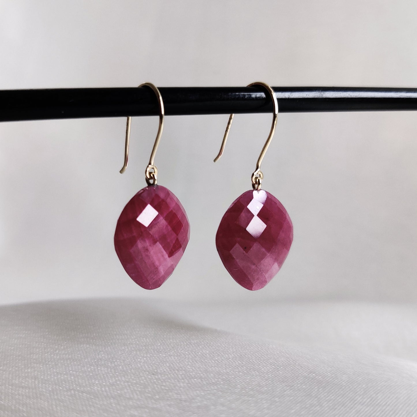 Natural Ruby Earrings, 14K Solid Yellow Gold Ruby Earrings, July Birthstone Earrings, Ruby Jewelry, Birthday Present, Checker Cut Ruby Drops