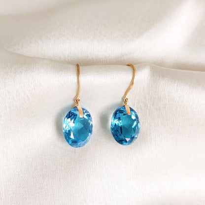 Natural Swiss Blue Topaz Earrings, 14K Solid Gold Blue Topaz Earrings, December Birthstone Earrings, Wedding Present, Blue Topaz Jewelry