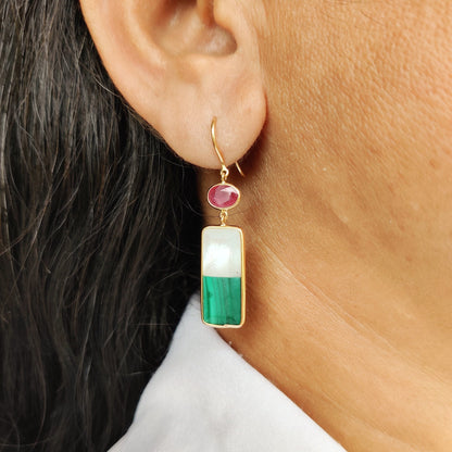 Natural Malachite & Mother of Pearl Earrings, 14K Solid Yellow Gold Doublet Earrings, Ruby and Emerald Danglers, May and July Birthstone