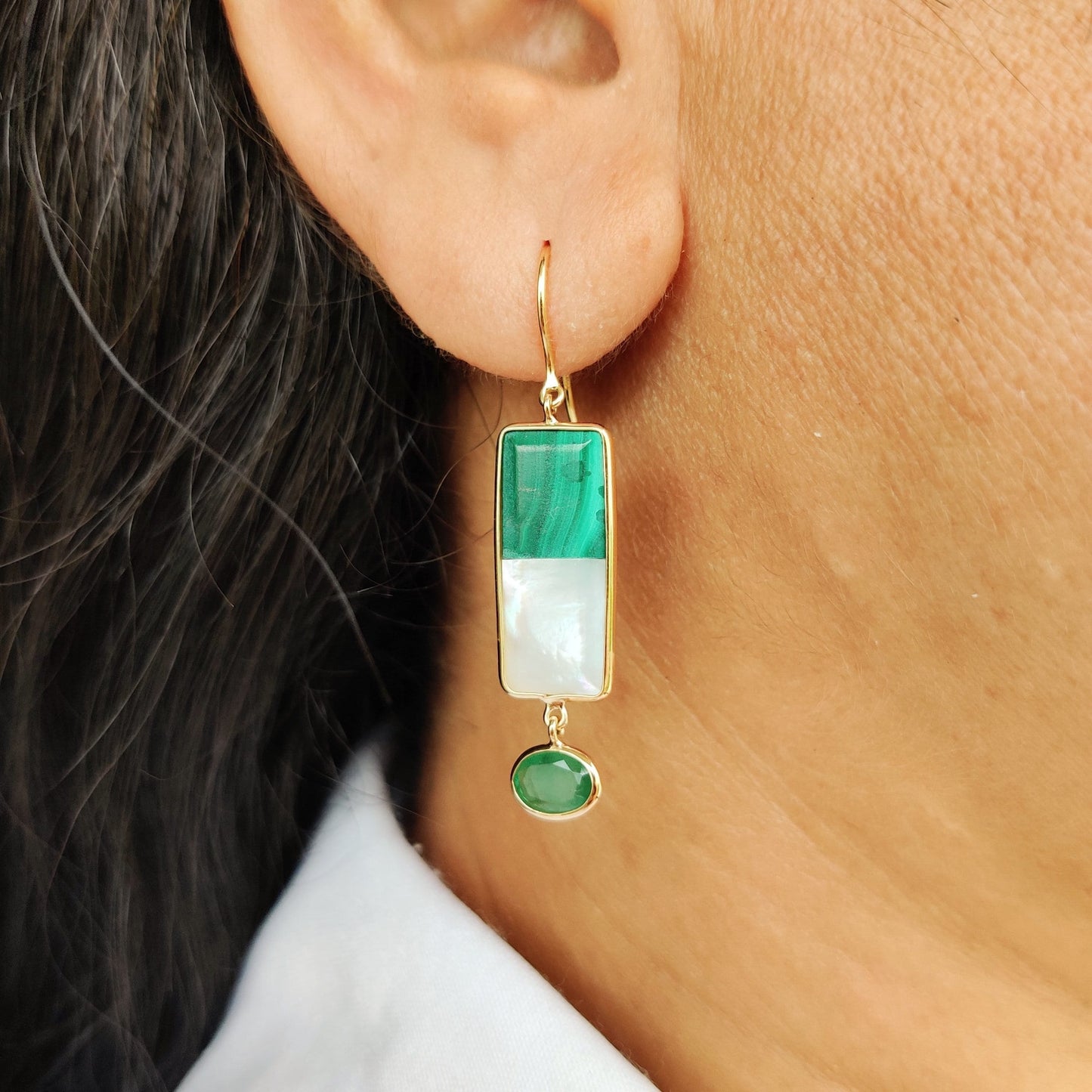 Natural Malachite & Mother of Pearl Earrings, 14K Solid Yellow Gold Doublet Earrings, Ruby and Emerald Danglers, May and July Birthstone