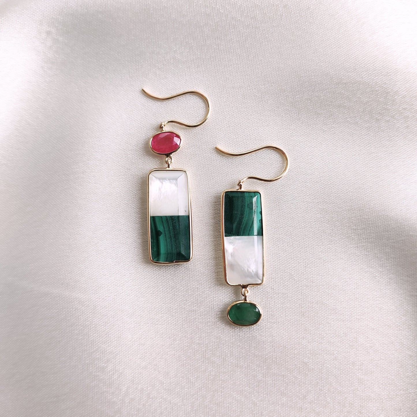 Natural Malachite & Mother of Pearl Earrings, 14K Solid Yellow Gold Doublet Earrings, Ruby and Emerald Danglers, May and July Birthstone