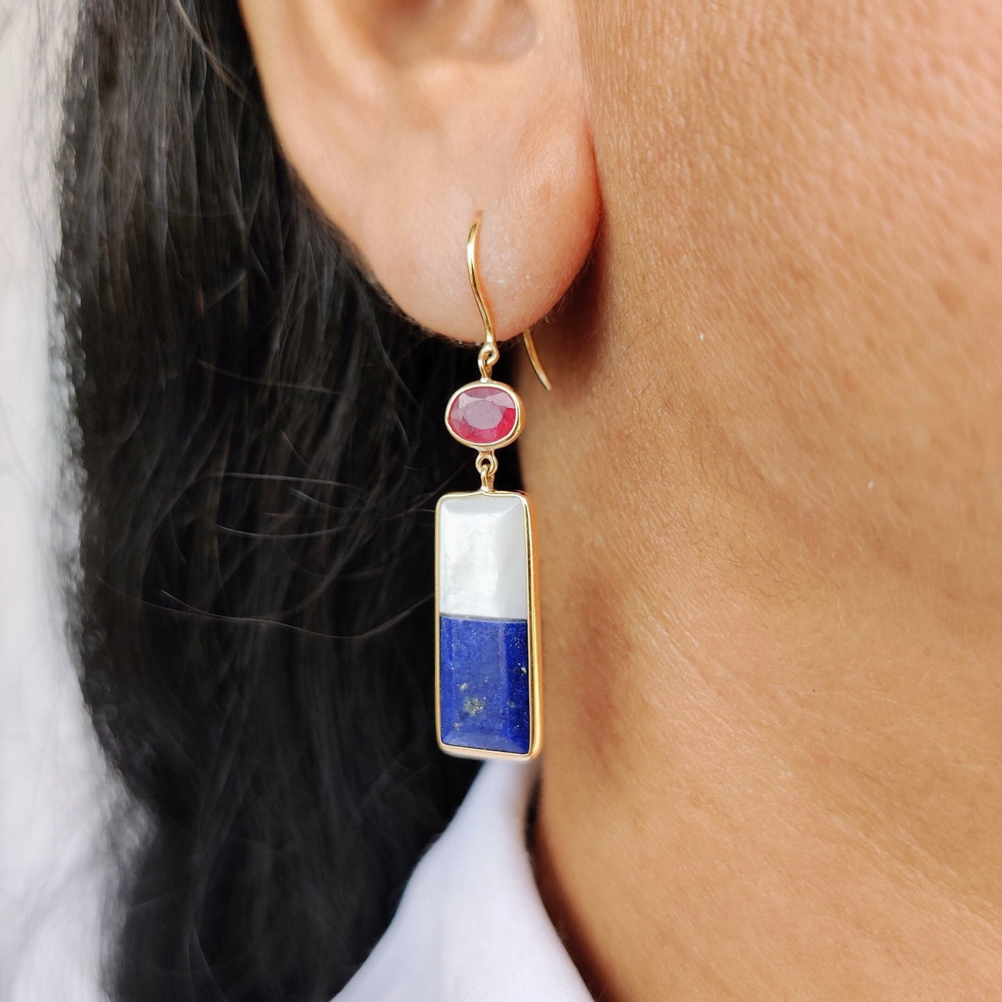 Natural Lapis & Mother of Pearl Earrings, 14K Solid Gold Drop Earrings, Ruby and Emerald Danglers, May July Birthstone, Multi Stone Earrings