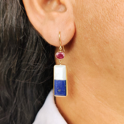 Natural Lapis & Mother of Pearl Earrings, 14K Solid Gold Drop Earrings, Ruby and Emerald Danglers, May July Birthstone, Multi Stone Earrings