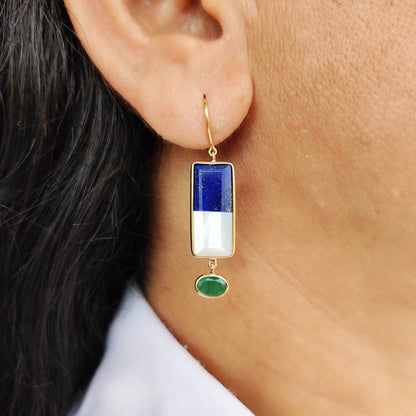 Natural Lapis & Mother of Pearl Earrings, 14K Solid Gold Drop Earrings, Ruby and Emerald Danglers, May July Birthstone, Multi Stone Earrings