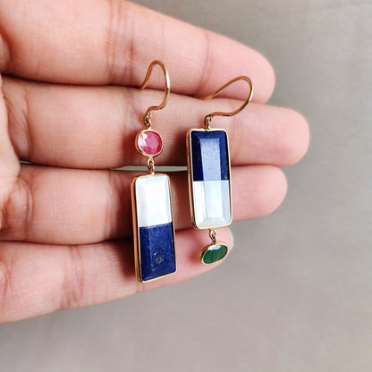 Natural Lapis & Mother of Pearl Earrings, 14K Solid Gold Drop Earrings, Ruby and Emerald Danglers, May July Birthstone, Multi Stone Earrings