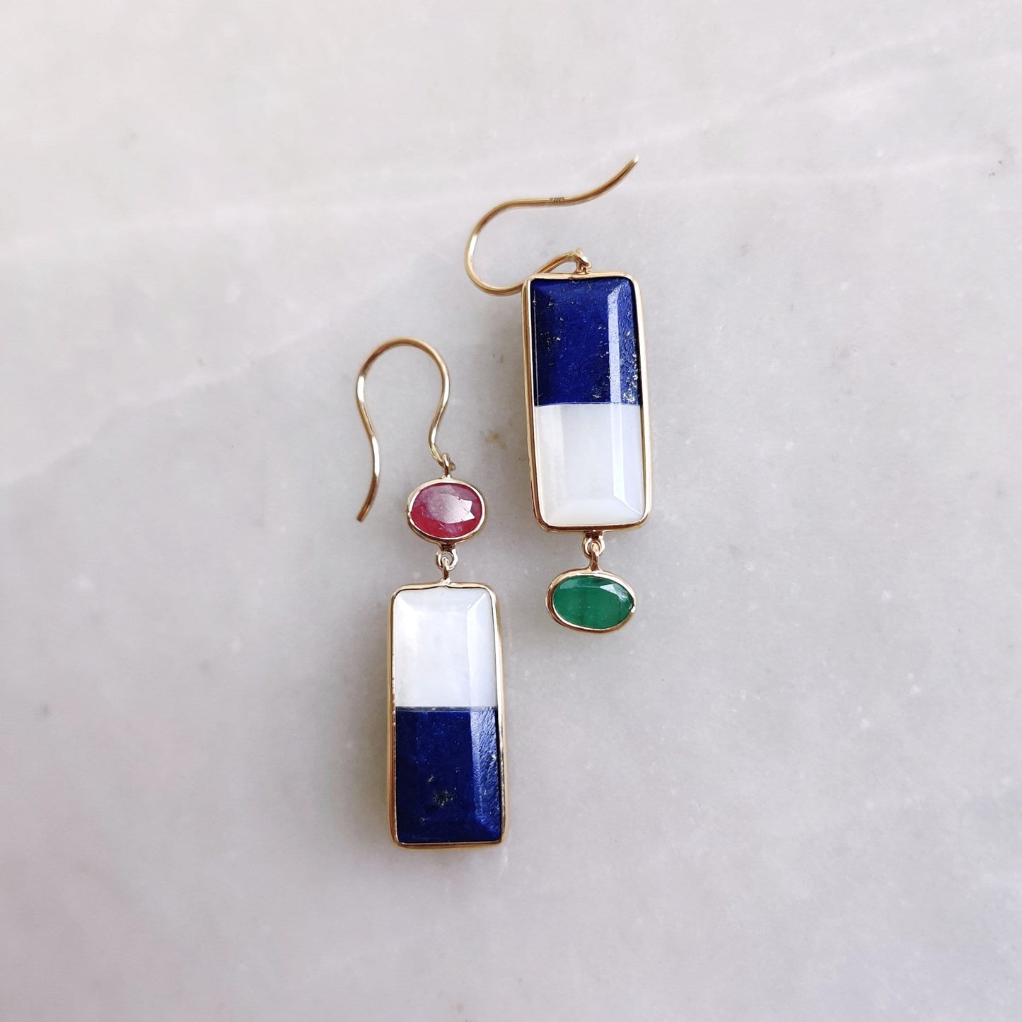 Natural Lapis & Mother of Pearl Earrings, 14K Solid Gold Drop Earrings, Ruby and Emerald Danglers, May July Birthstone, Multi Stone Earrings