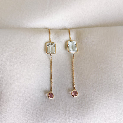 Natural Aquamarine & Pink Tourmaline Earrings, 14K Solid Gold Earrings, Dainty Aquamarine Danglers, March Birthstone, Christmas Present