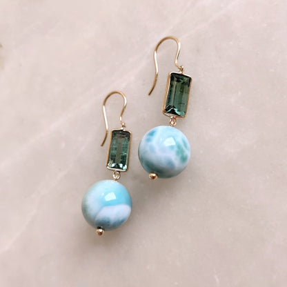 Pendientes de turmalina natural y larimar, pendientes de oro macizo de 14 quilates, piedra natal de octubre, gotas de turmalina verde, regalo de Navidad, joyas de larimar