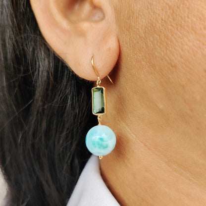 Pendientes de turmalina natural y larimar, pendientes de oro macizo de 14 quilates, piedra natal de octubre, gotas de turmalina verde, regalo de Navidad, joyas de larimar