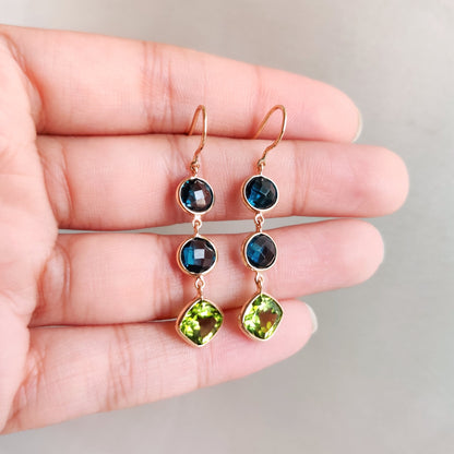 Natural London Blue Topaz & Peridot Earrings, 14K Solid Gold Blue Topaz Earrings, Multi Stone Danglers, Peridot Jewelry, Christmas Present