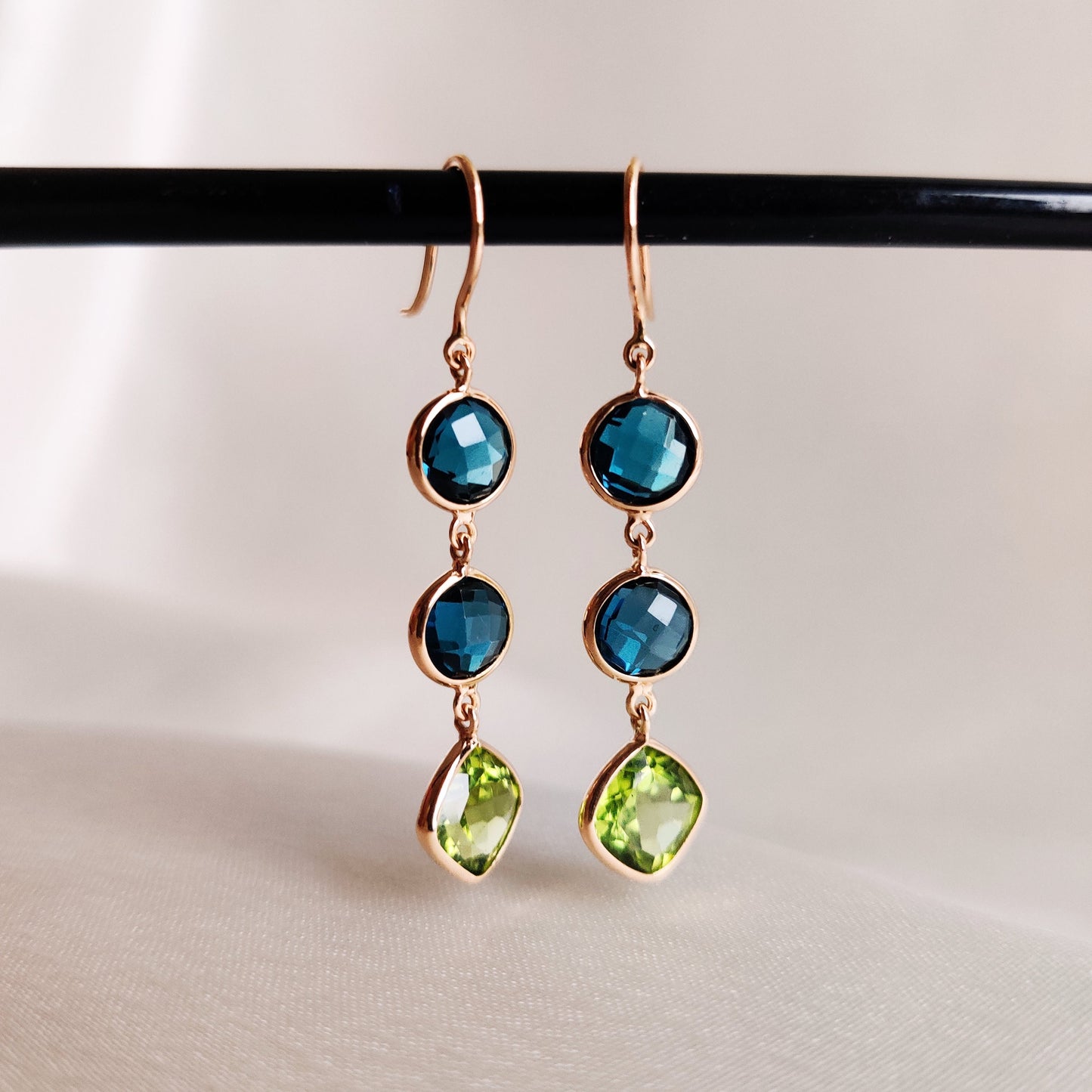 Natural London Blue Topaz & Peridot Earrings, 14K Solid Gold Blue Topaz Earrings, Multi Stone Danglers, Peridot Jewelry, Christmas Present