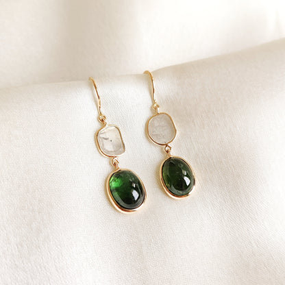 Natural Green Tourmaline & Diamond Earring, 14K Solid Gold Tourmaline Earrings, October Birthstone Earrings, Christmas Present