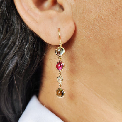 Natural Multi Tourmaline & Diamond Earrings, 14K Solid Gold Tourmaline Earrings, October Birthstone Earrings, Christmas Present