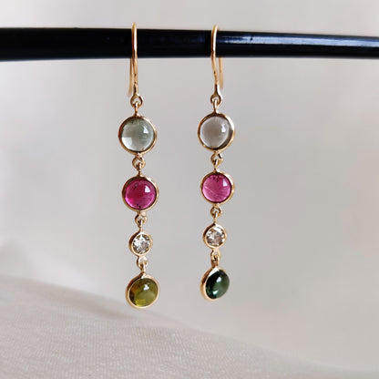 Natural Multi Tourmaline & Diamond Earrings, 14K Solid Gold Tourmaline Earrings, October Birthstone Earrings, Christmas Present