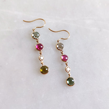 Natural Multi Tourmaline & Diamond Earrings, 14K Solid Gold Tourmaline Earrings, October Birthstone Earrings, Christmas Present