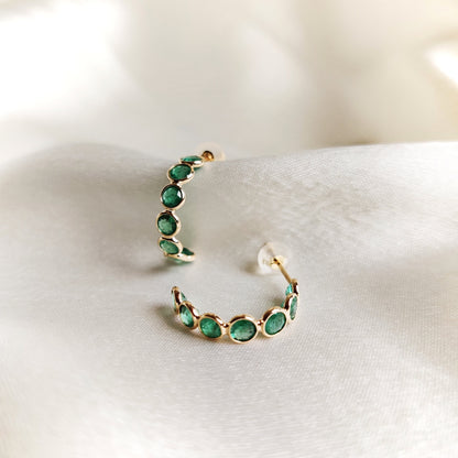 Natural Emerald Hoop Earrings, 14K Solid Gold Emerald Earrings, Wedding Earrings, May Birthstone Earrings, Dainty Emerald Hoop Earrings